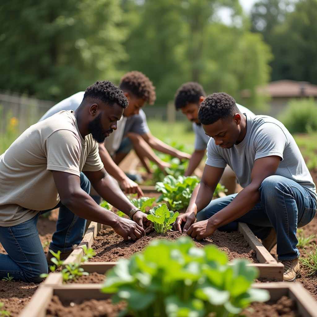 African American men gardening together
