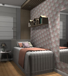 Projeto 3D Dormitório adolecente menina com painel ripado, papel de parede moderno, piso vinílico e persiana romana