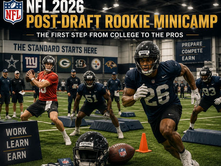Newly drafted rookies and undrafted free agents participate in drills and team meetings during the NFL 2026 Post-Draft Rookie Minicamp at an National Football League practice facility as coaches evaluate talent, conditioning, and readiness for professional football.
