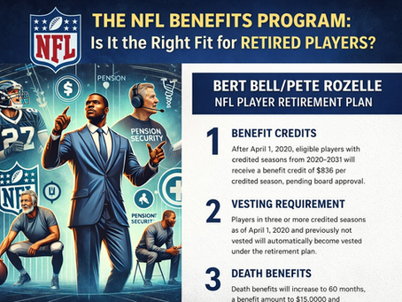 Informational graphic titled “The Bert Bell/Pete Rozelle NFL Player Retirement Plan,” featuring the NFL shield and illustrations of former football players transitioning from active play to retirement. The image highlights key benefits such as pension security, benefit credits, vesting requirements, and death benefits, using football imagery, financial icons, and a blue-and-gold color scheme to emphasize long-term financial stability and security for retired NFL players.