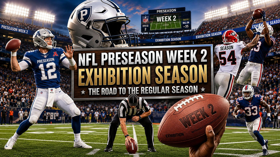 Graphic displaying the NFL Preseason Week 2 Schedule for the 2026 exhibition season, featuring all scheduled Week 2 matchups, NFL players in action, football helmets, stadiums, and team logos as franchises continue critical roster evaluations ahead of the 2026 regular season.
