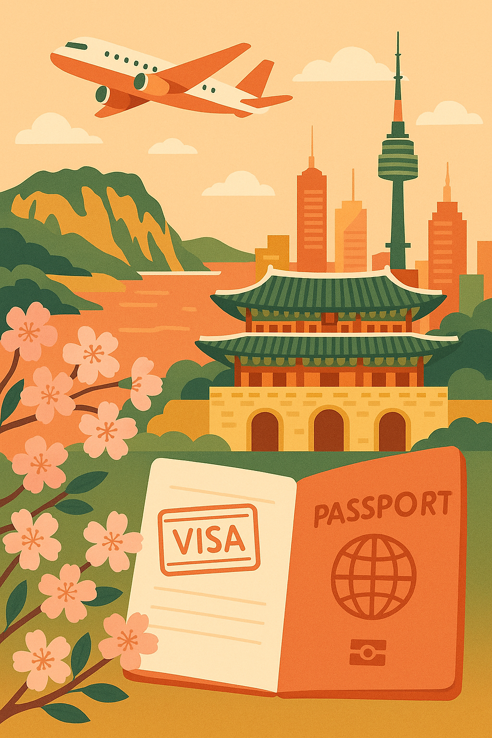 Airplane flying over a cityscape with a traditional building, cherry blossoms, and open passport with visa. Warm colors, travel theme.