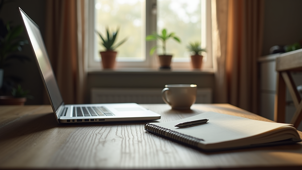 Eye-level view of a cozy home office setup with a laptop and a notebook