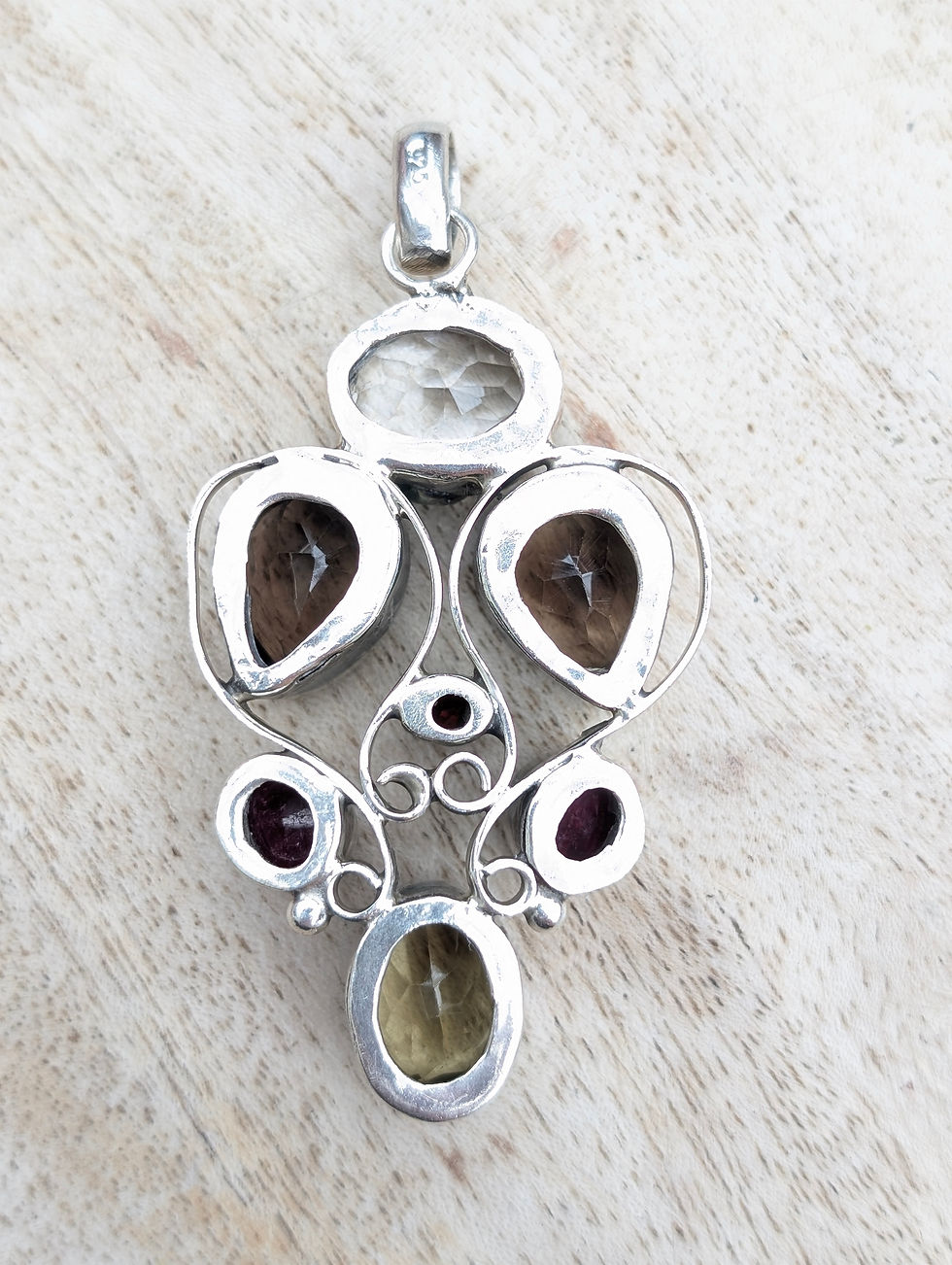 Thumbnail: Large Multi Gemstone Set Ornate Silver Pendant
