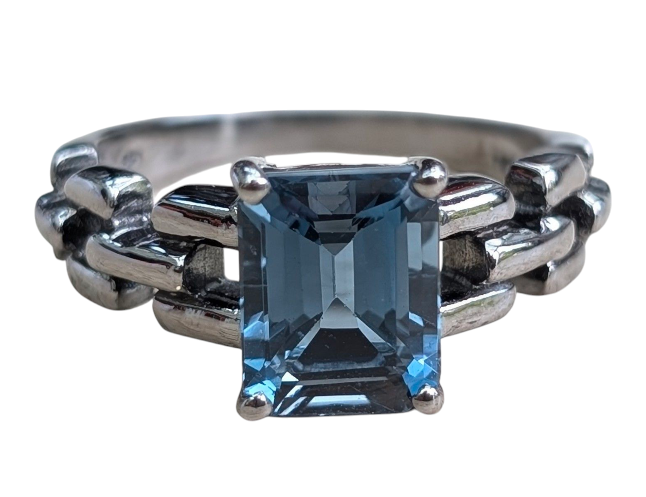 Emerald cut London blue topaz ring oxidised silver chain style ring