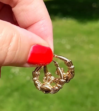 Thumbnail: Vintage 9ct Gold Claddagh Hoop earrings