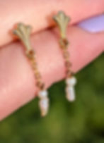Vintage 1980s yellow gold stud earrings with chain and baroque cultured pearls dangling down