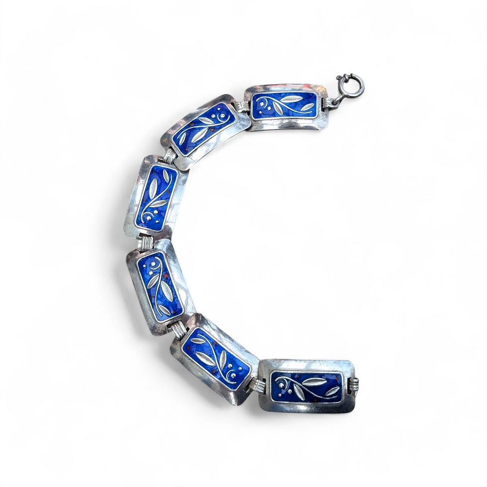 Vintage Silver Panel Bracelet with Blue Enamel Foliate Design