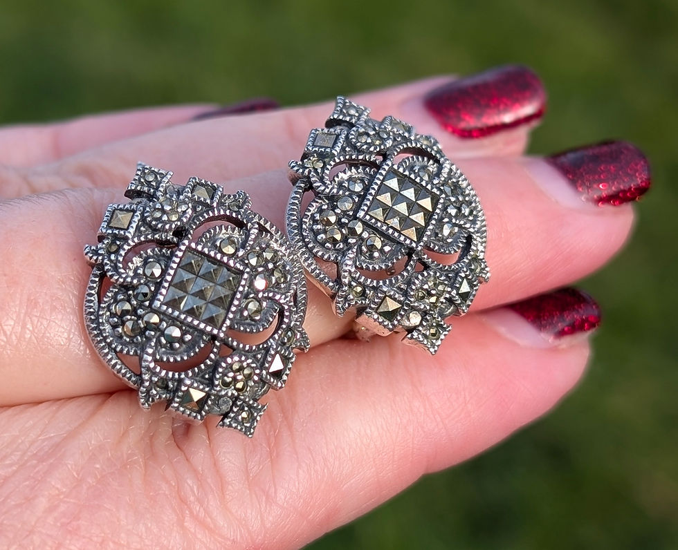 Thumbnail: Large ornate silver and marcasite earrings inspired by Art Deco made by Judith Jack Jewellery