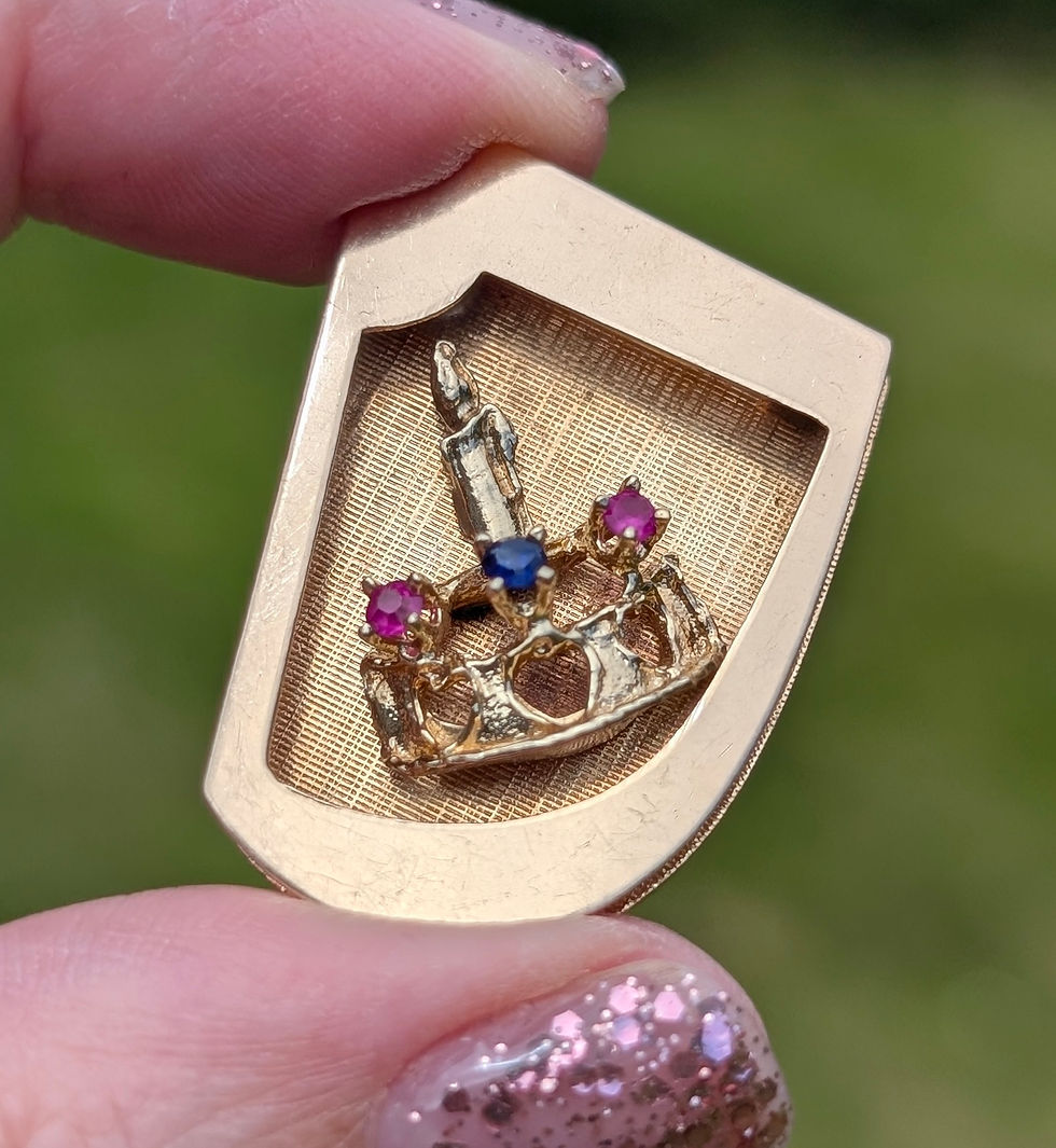 Thumbnail: Fan Shaped yellow gold Pendant with candle and crown with Ruby & Sapphire