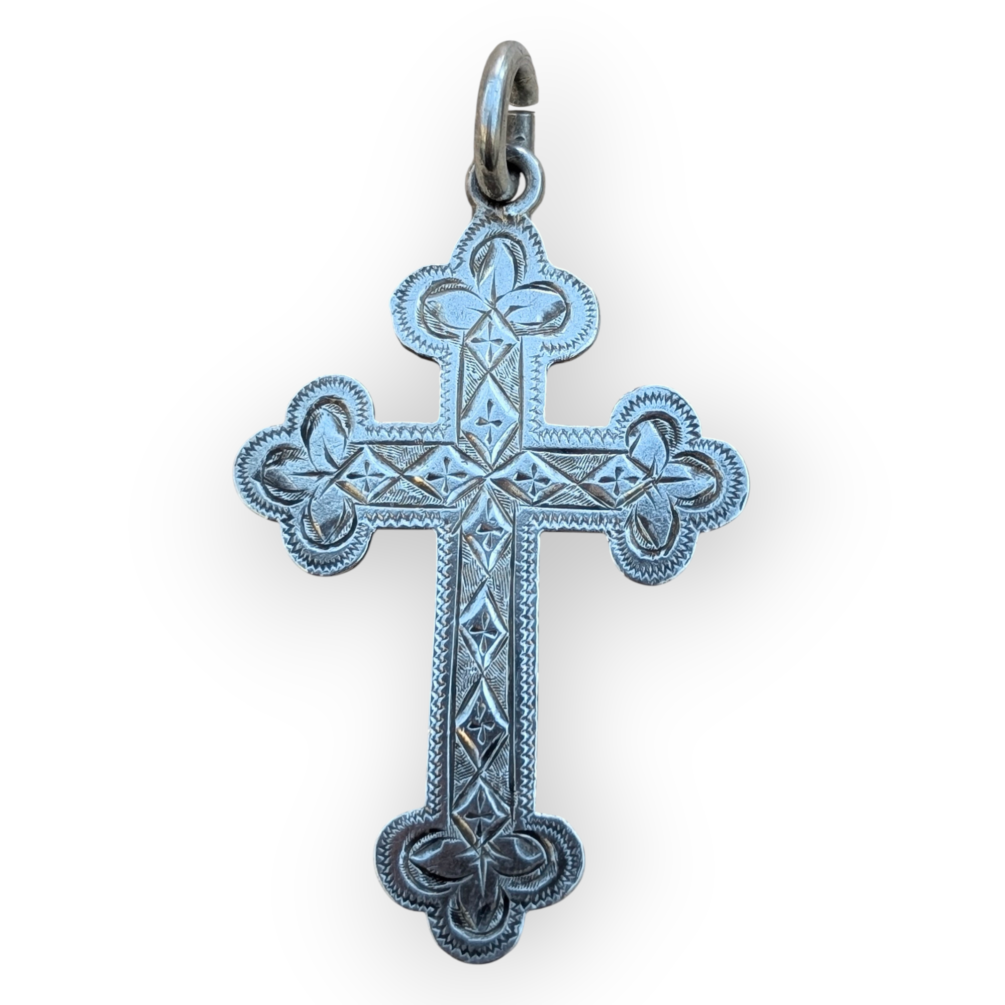 Large Sterling Silver Victorian Trifolium cross with hand engraved design