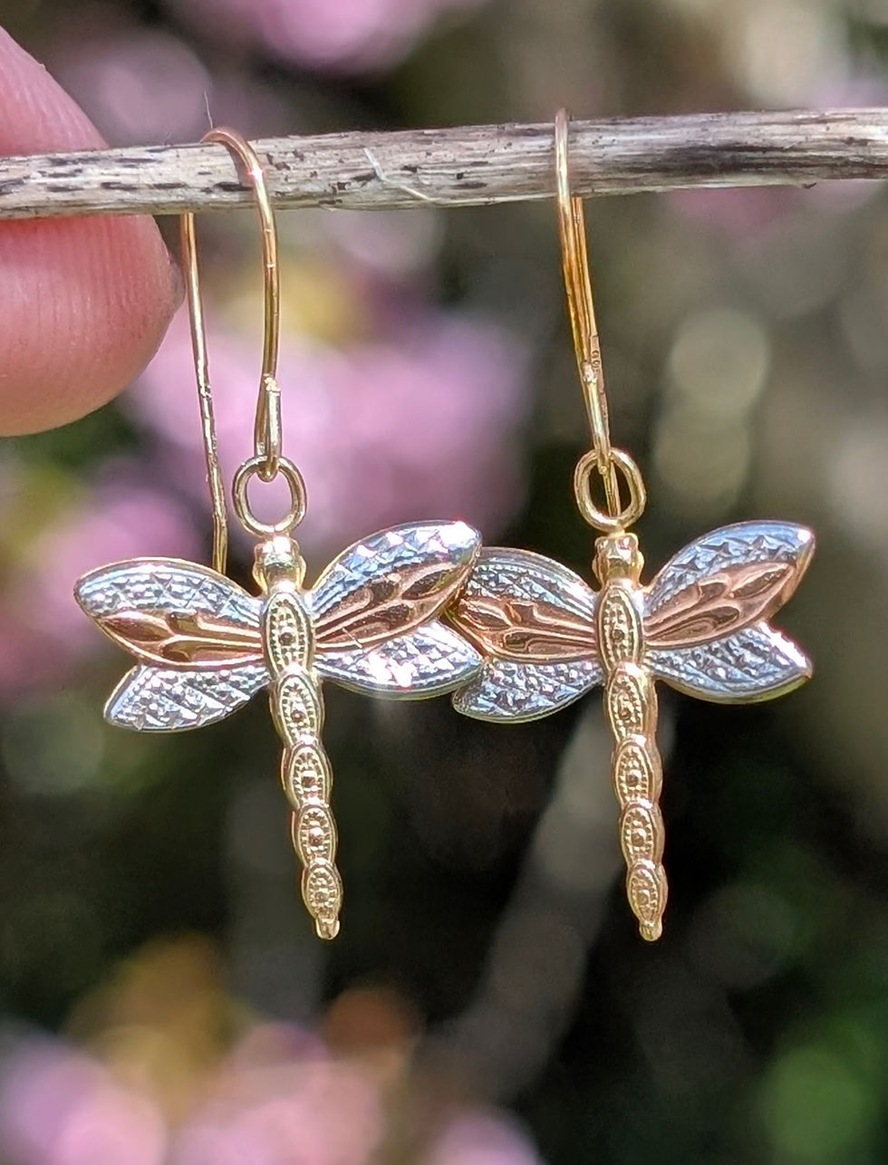 Vintage Tricolour Gold Dragonfly Earrings