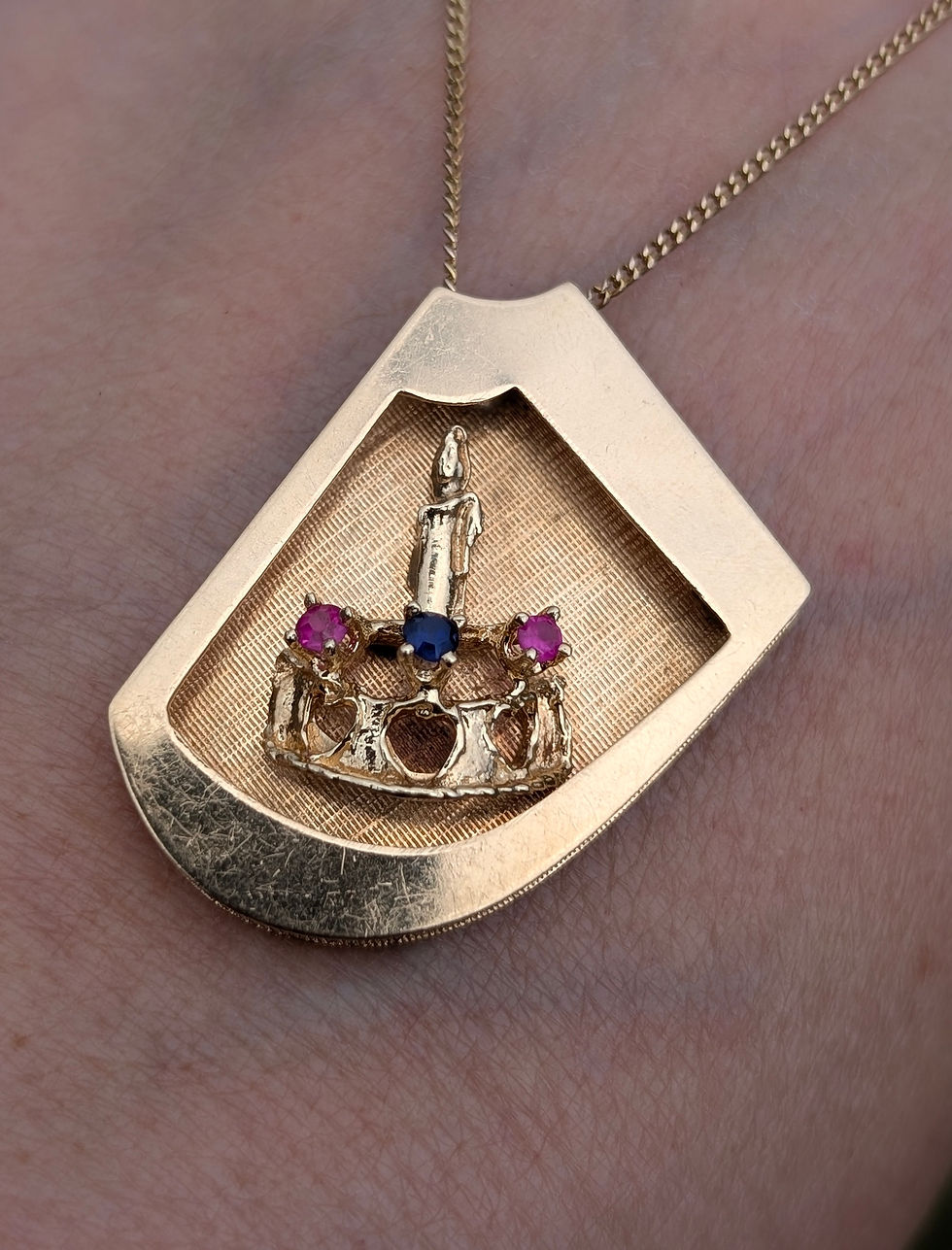 Thumbnail: Fan Shaped yellow gold Pendant with candle and crown with Ruby & Sapphire