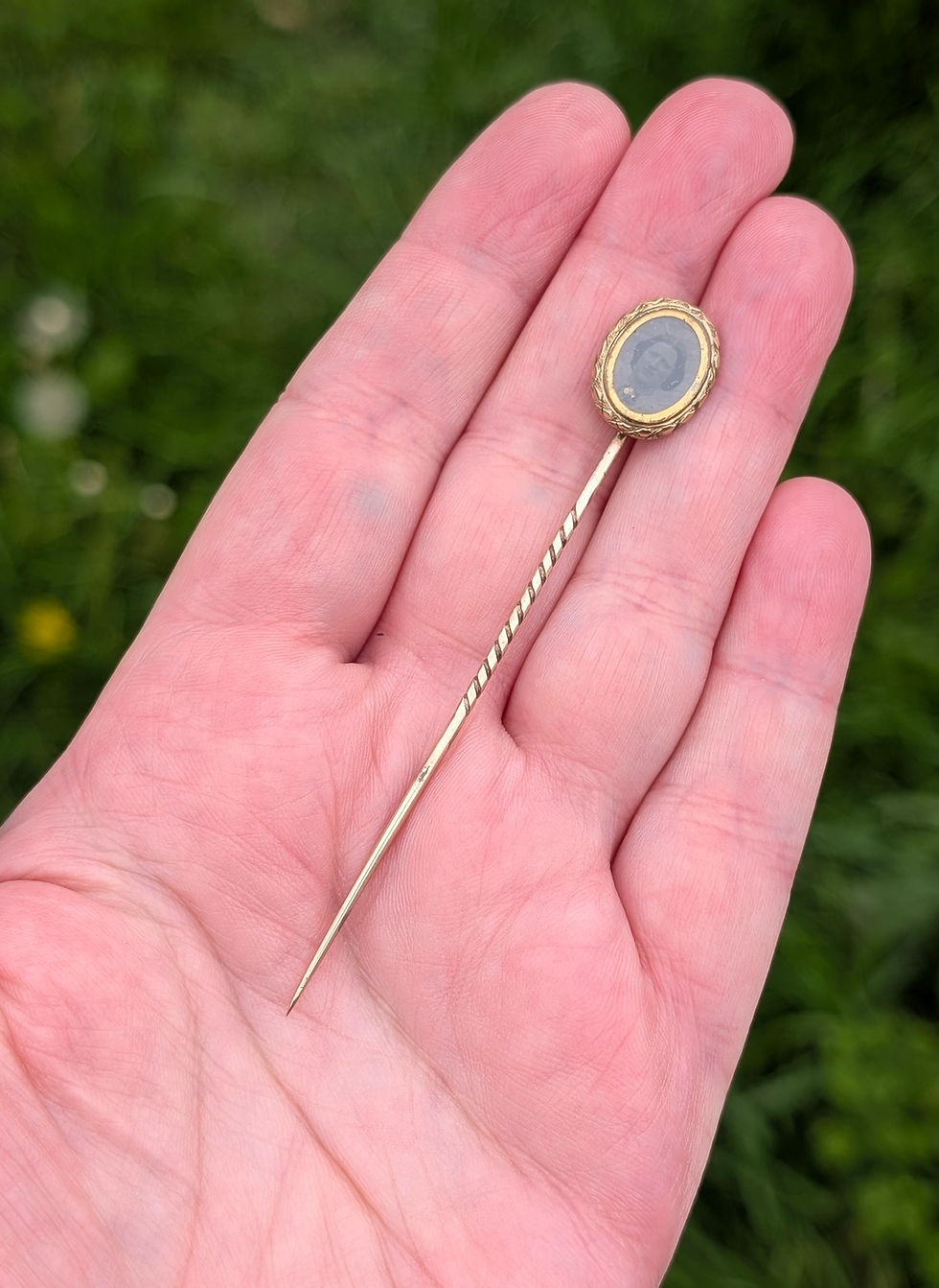 Thumbnail: victorian gold locket stick pin with an image of a Victorian lady