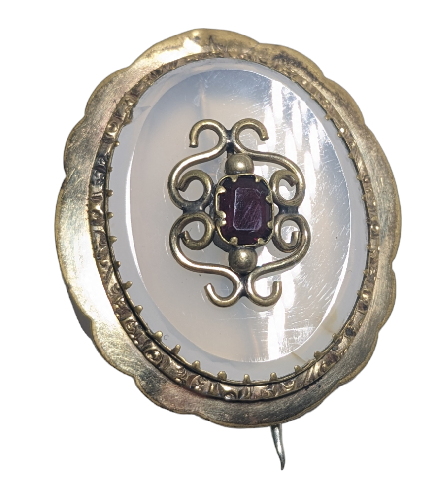 Thumbnail: victorian pinchbeck white chalcedony and garnet brooch
