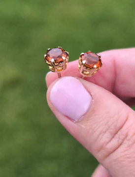 Thumbnail: 1970s large round faceted burnt orange citrine earrings, set in yellow gold