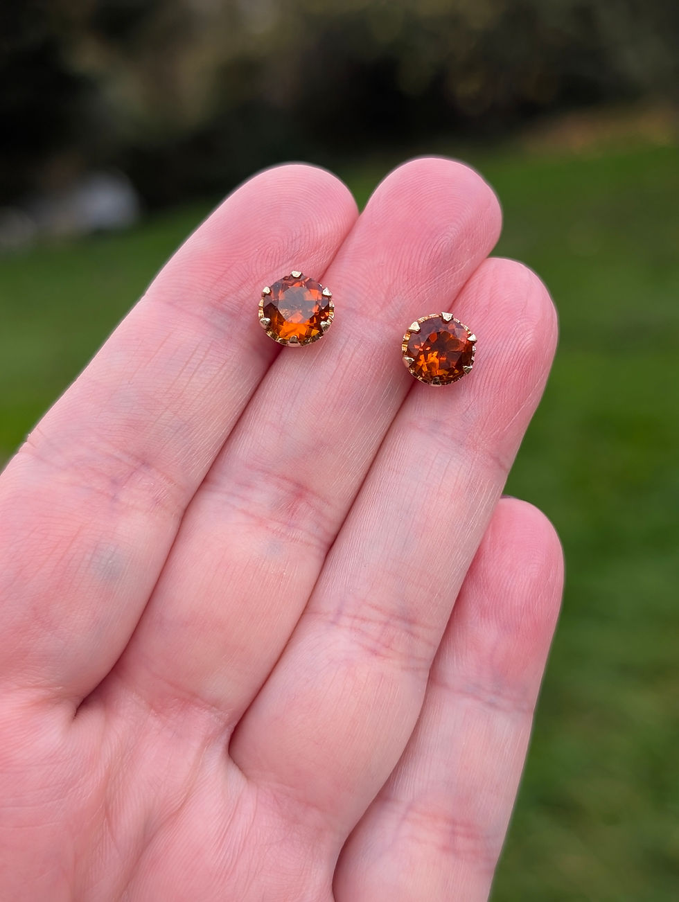 Thumbnail: 1970s large round faceted burnt orange citrine earrings, set in yellow gold