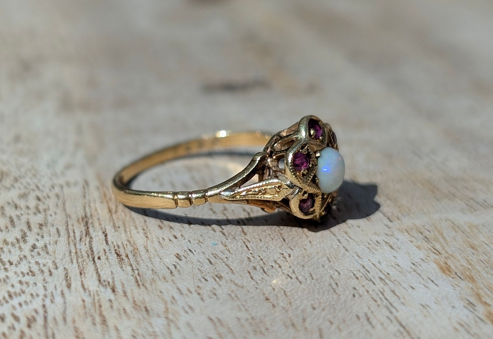 Thumbnail: Vintage 1960s Opal & Ruby Cluster Gold Ring 