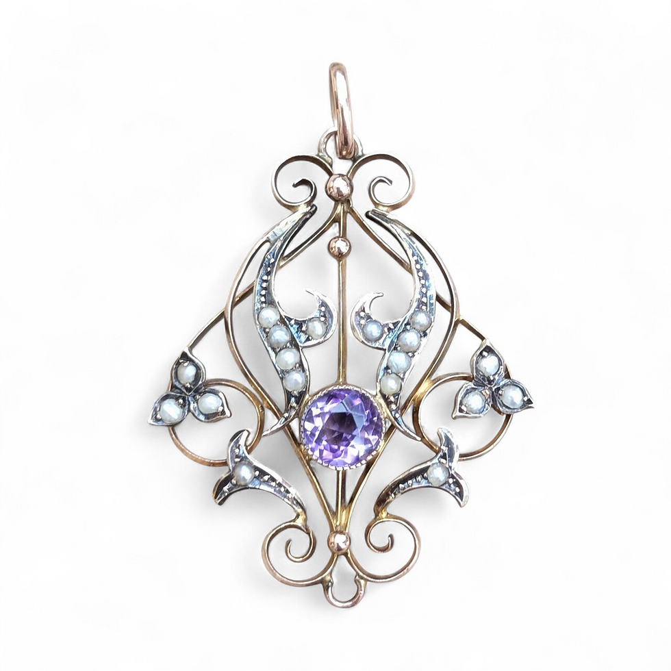Antique Art Nouveau Lavaliere Pendant in yellow gold, ornate swirling design set with amethyst and seed pearls