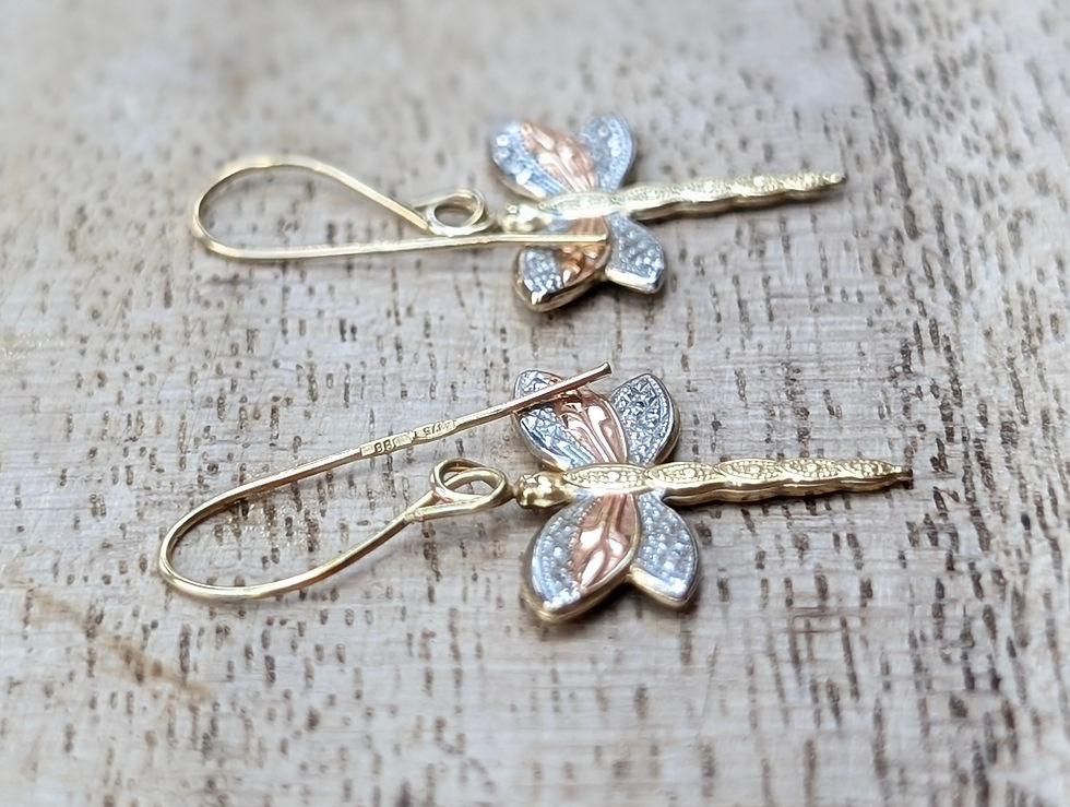 Thumbnail: Vintage Tricolour Gold Dragonfly Earrings