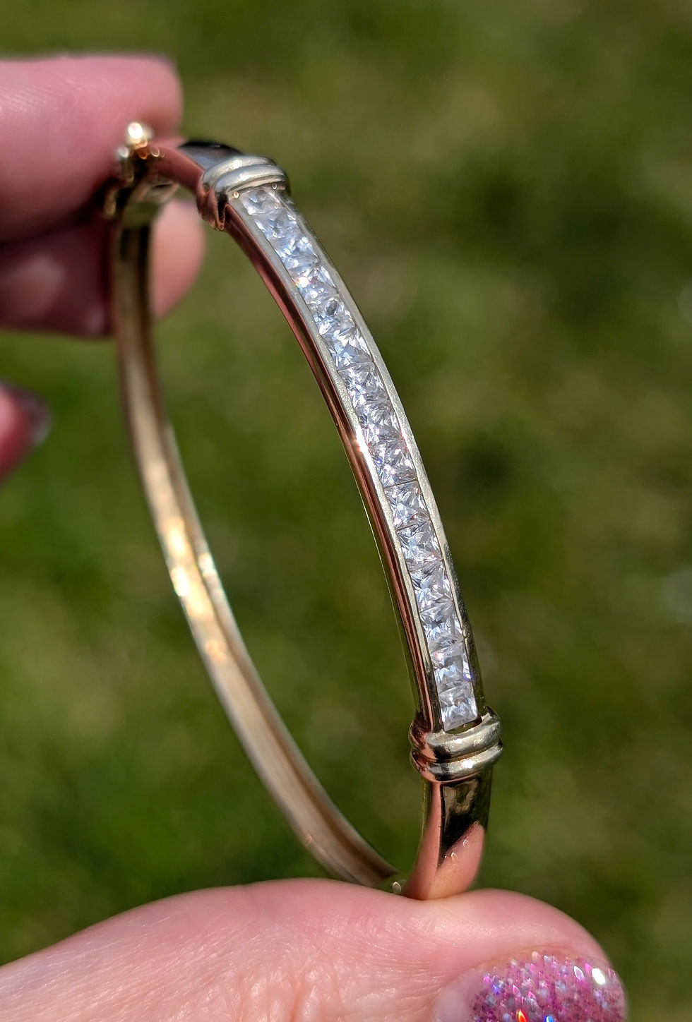 Thumbnail: Vintage Sparkly Gold Plated Sterling Silver Hinged Bangle