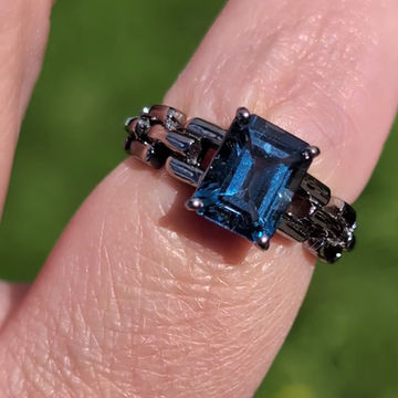 Thumbnail: Emerald cut London blue topaz ring oxidised silver chain style ring