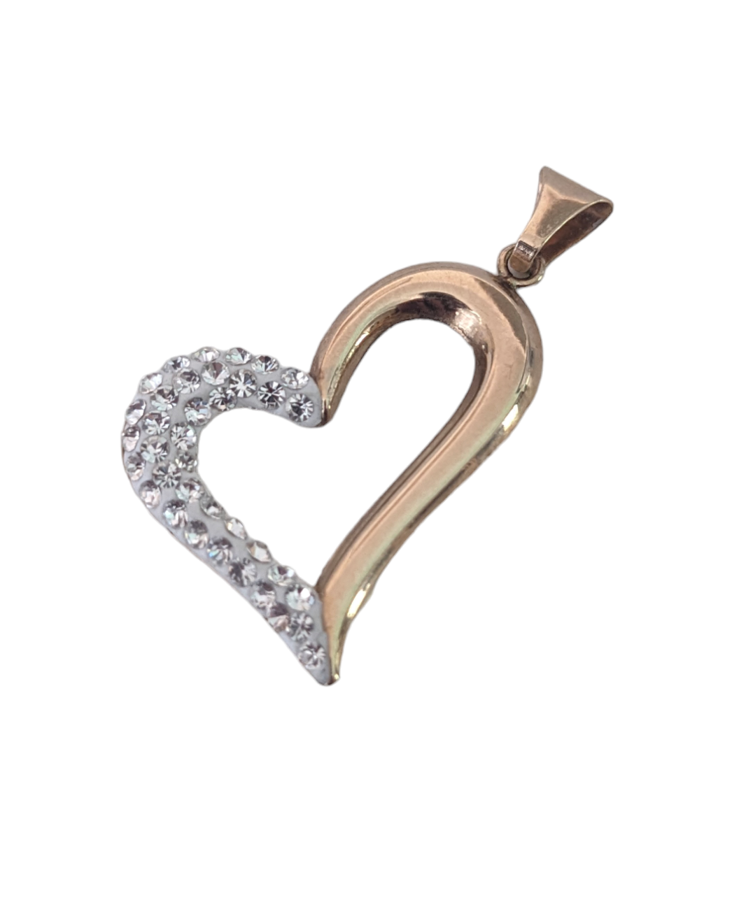 yellow gold pendant of a heart on its side with tiny crystals on one side of the heart