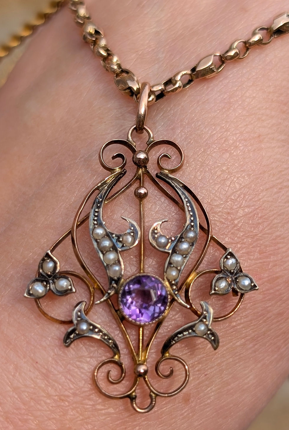 Antique Art Nouveau Lavaliere Pendant in yellow gold, ornate swirling design set with amethyst and seed pearls