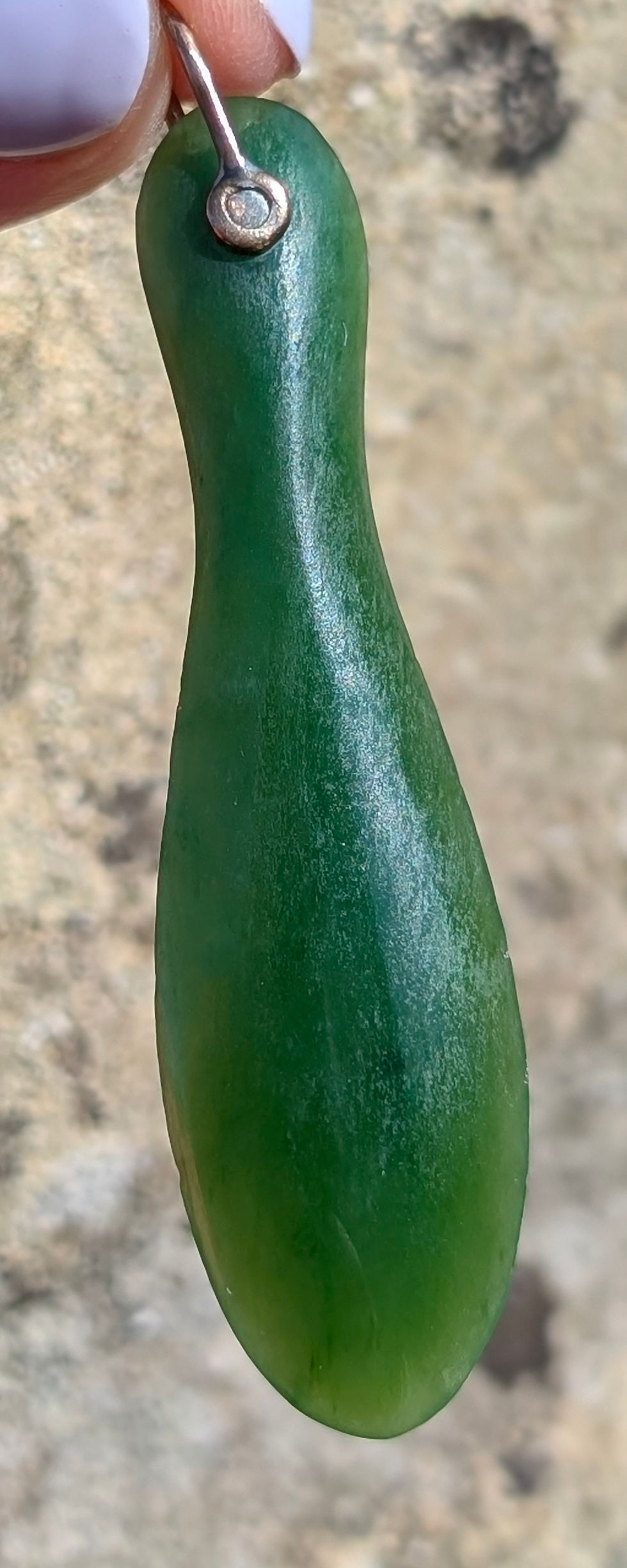 Thumbnail: Vintage elongated green Nephrite Jade Pendant