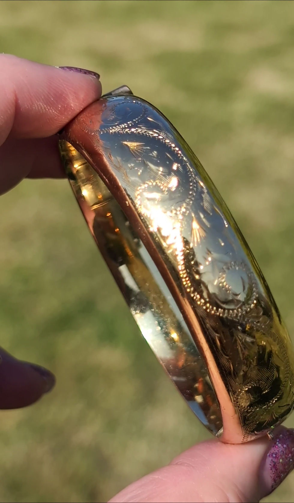 Thumbnail: Vintage Engraved rolled yellow gold 1950s bangle