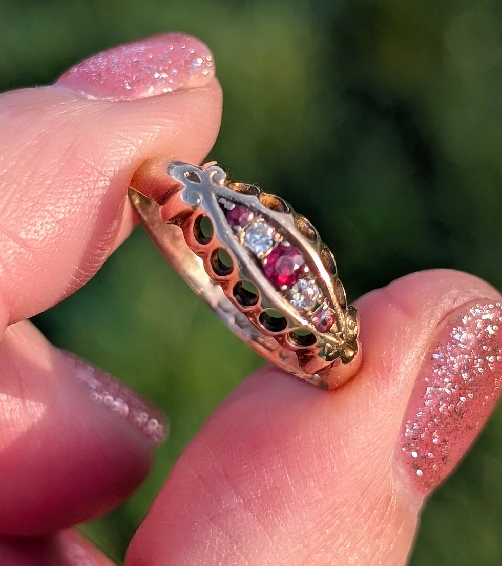 Antique Boat Shaped Five Stone Yellow Gold Ring set with rubies and diamonds
