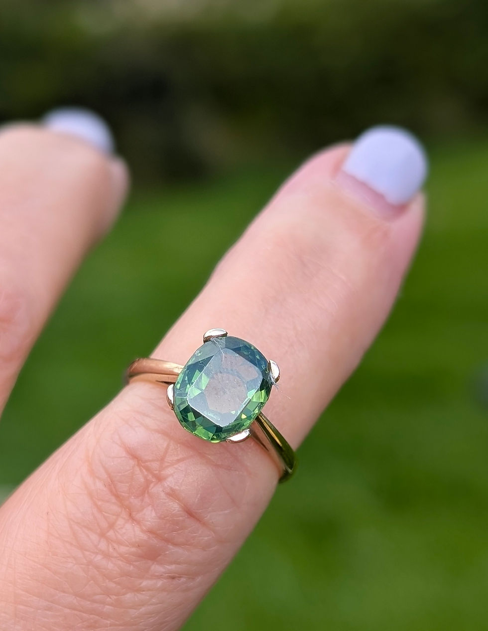 Thumbnail: vintage yellow gold ring with large cushion cut green zircon