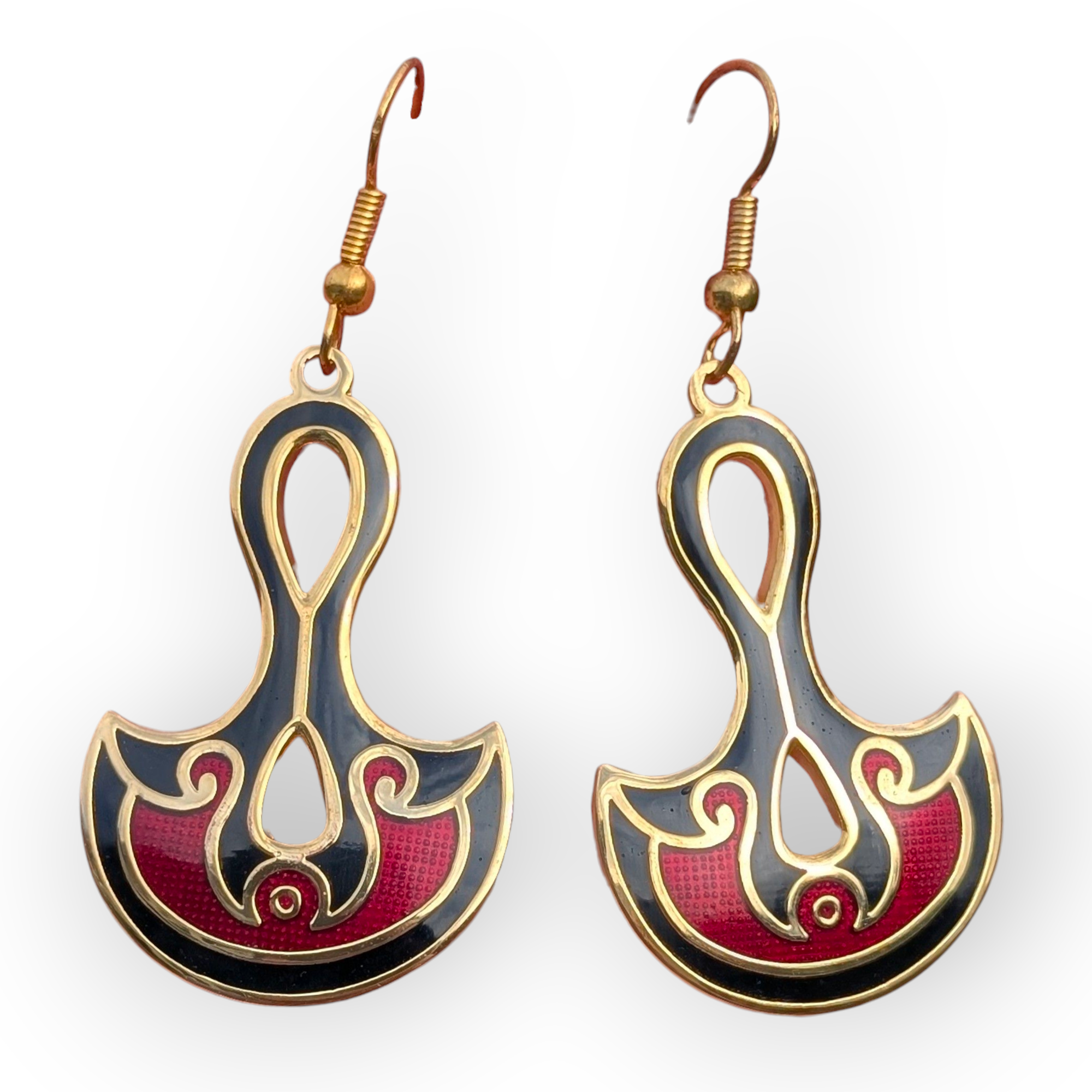 Large dangly gold plated earrings with red and black Cloisonné Enamel