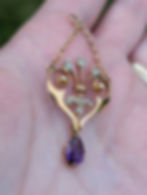 Edwardian Art Nouveau Amethyst & Seed Pearl Gold Lavalier Pendant
