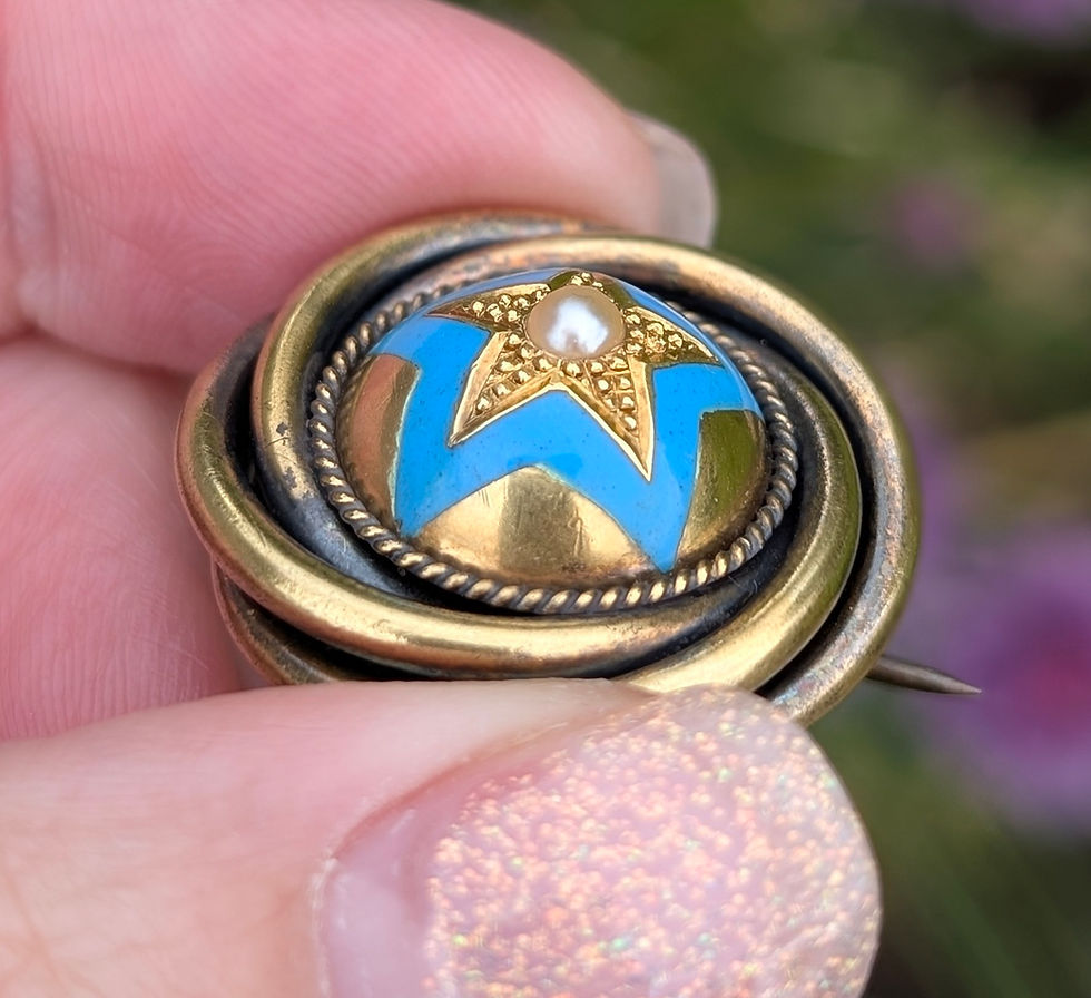 Thumbnail: Victorian round yellow gold mourning brooch with blue star enamel and central pearl