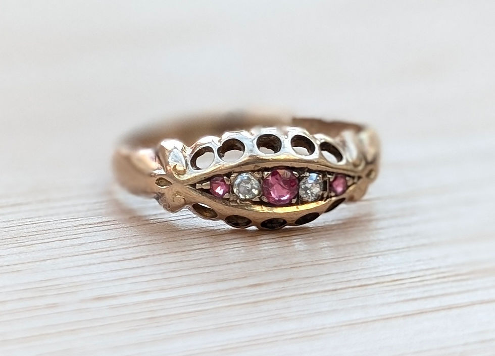 Thumbnail: Antique Boat Shaped Five Stone Yellow Gold Ring set with rubies and diamonds