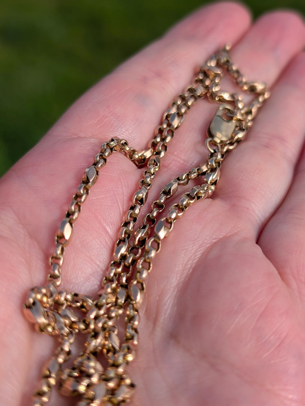 Thumbnail: Antique Victorian fancy link 9ct yellow gold long chain necklace