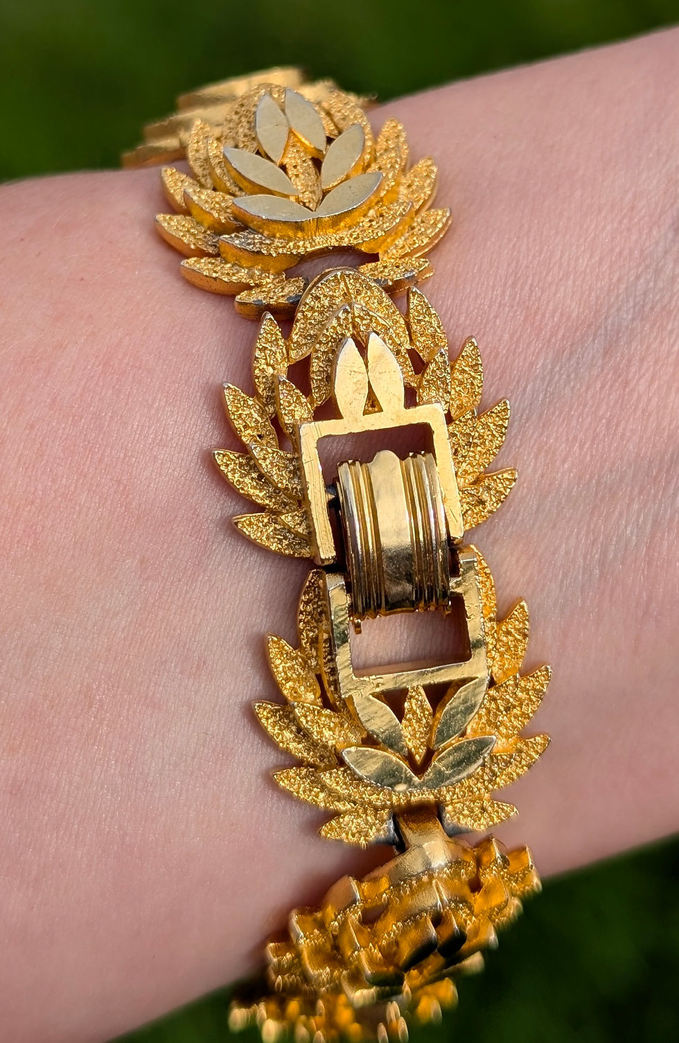 Thumbnail: Chunky Vintage 1970s Gold Plated Bracelet with abstract leaf or lotus links