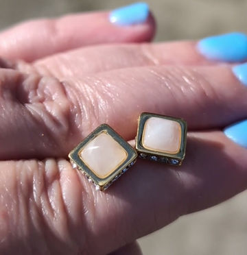 Thumbnail: vintage square shaped gold plated stud earrings set with Sugar Loaf Rose Quartz and sparkling paste around the edges