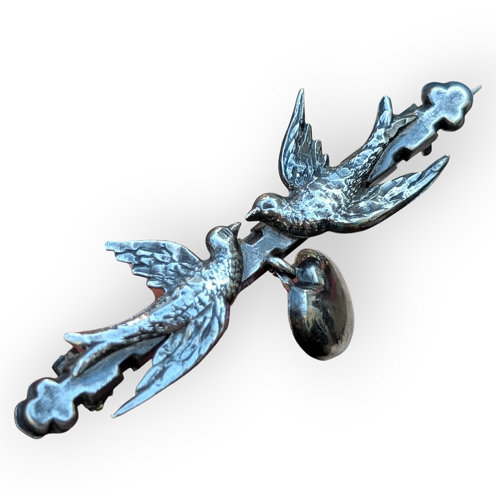 Victorian silver bar brooch with two swallows facing each other with a dangling heart