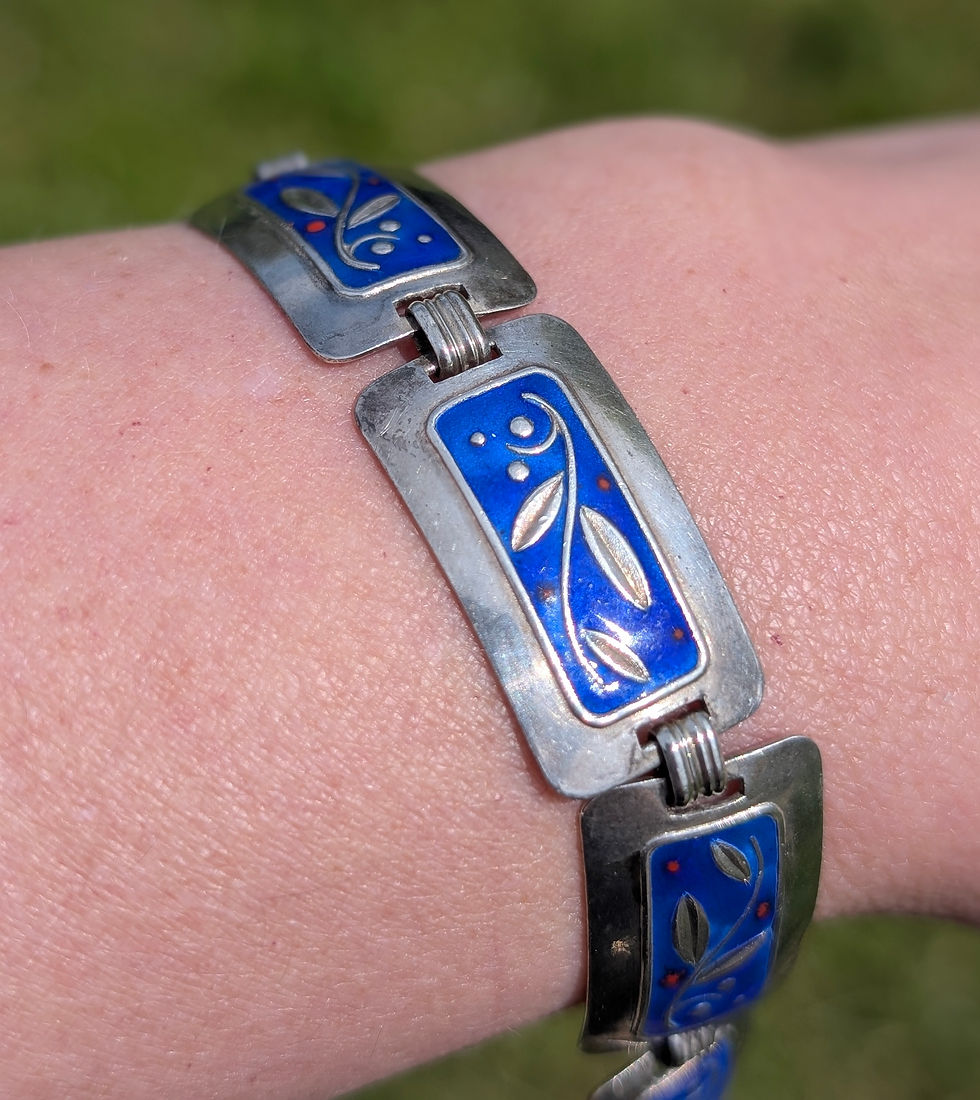 Vintage Silver Panel Bracelet with Blue Enamel Foliate Design