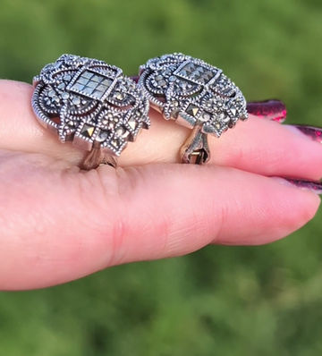 Thumbnail: Large ornate silver and marcasite earrings inspired by Art Deco made by Judith Jack Jewellery
