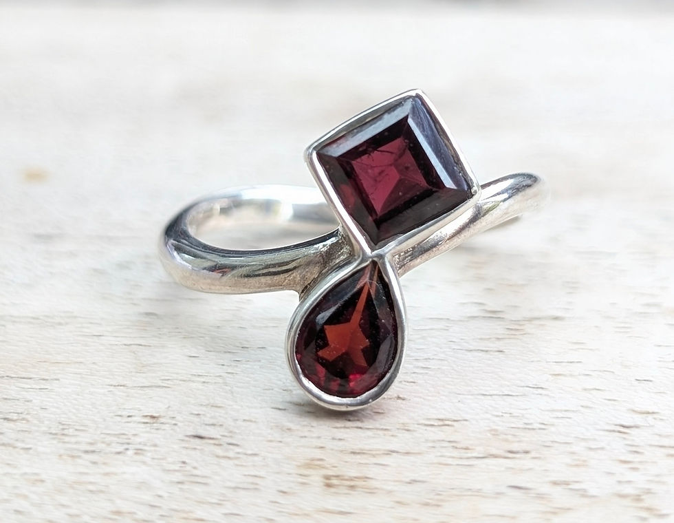 Thumbnail: Vintage silver ring set with a pear and square shape faceted garnets