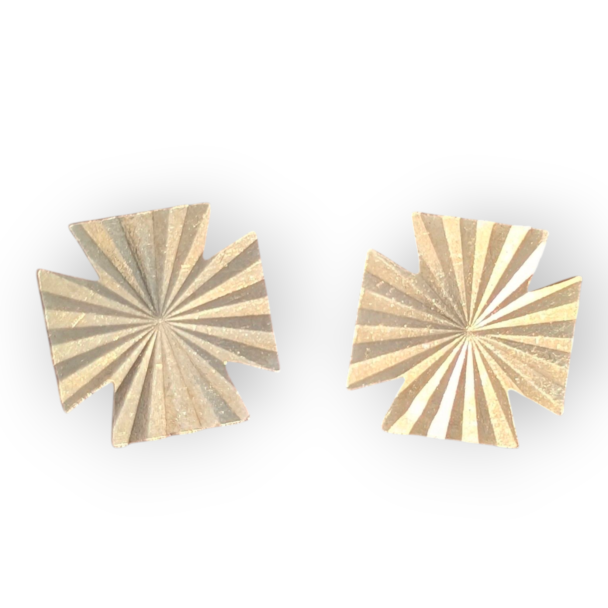 vintage yellow gold stud earrings in the shape of a Maltese cross with a star burst engraved pattern
