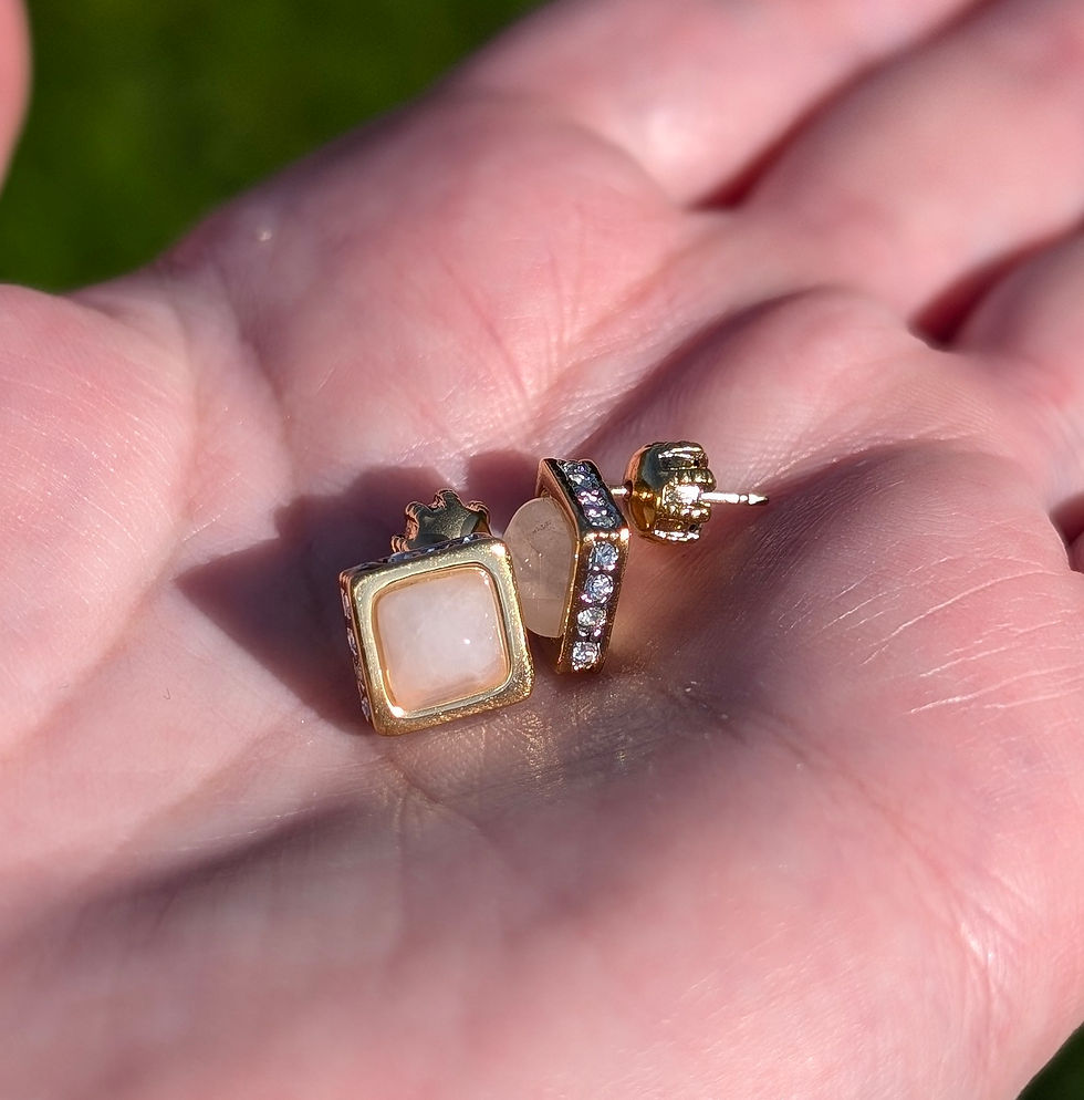 Thumbnail: vintage square shaped gold plated stud earrings set with Sugar Loaf Rose Quartz and sparkling paste around the edges
