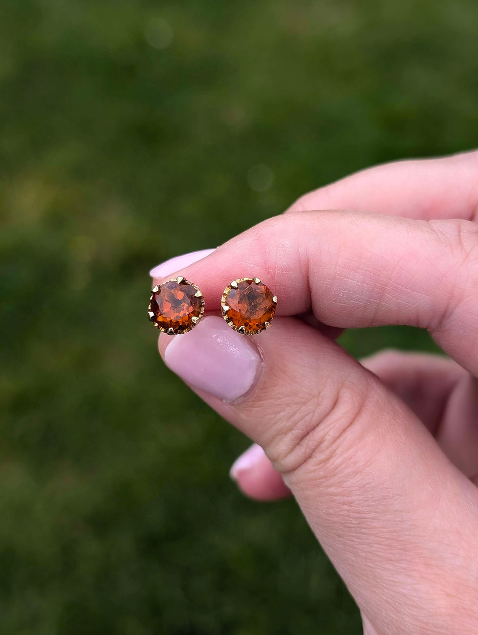 Thumbnail: 1970s large round faceted burnt orange citrine earrings, set in yellow gold