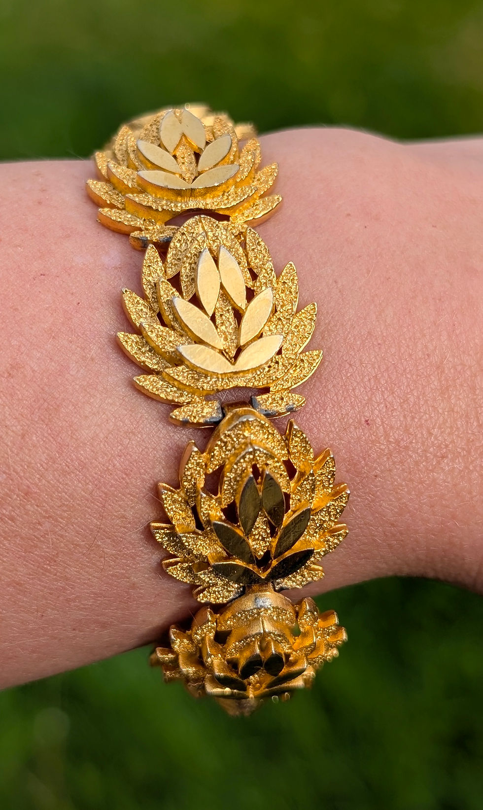 Thumbnail: Chunky Vintage 1970s Gold Plated Bracelet with abstract leaf or lotus links