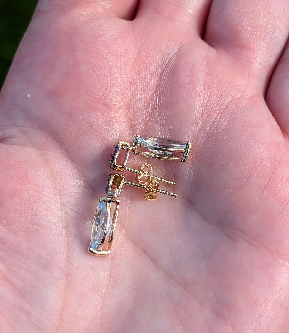Thumbnail: yellow gold earrings with sapphires and drops of marquise shaped faceted aquamarine gemstones