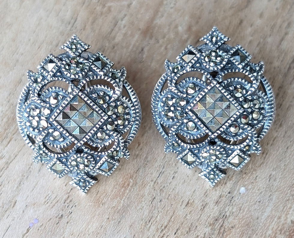 Thumbnail: Large ornate silver and marcasite earrings inspired by Art Deco made by Judith Jack Jewellery