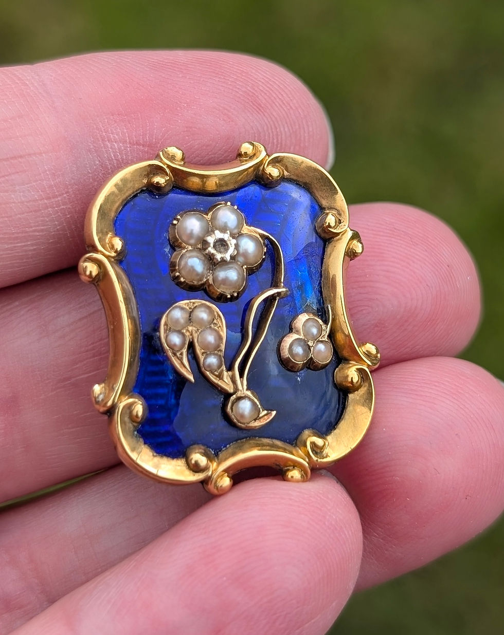 Victorian Royal Blue Enamel Pearl Mourning Gold Brooch